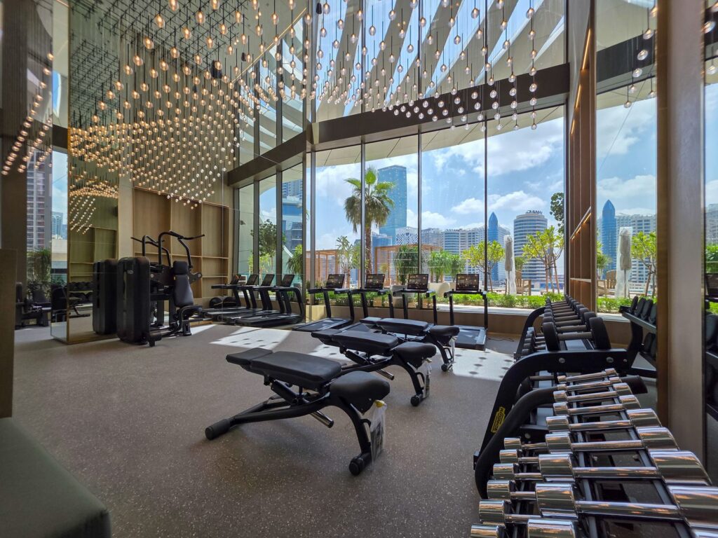 Modern premium gym interior overlooking a city